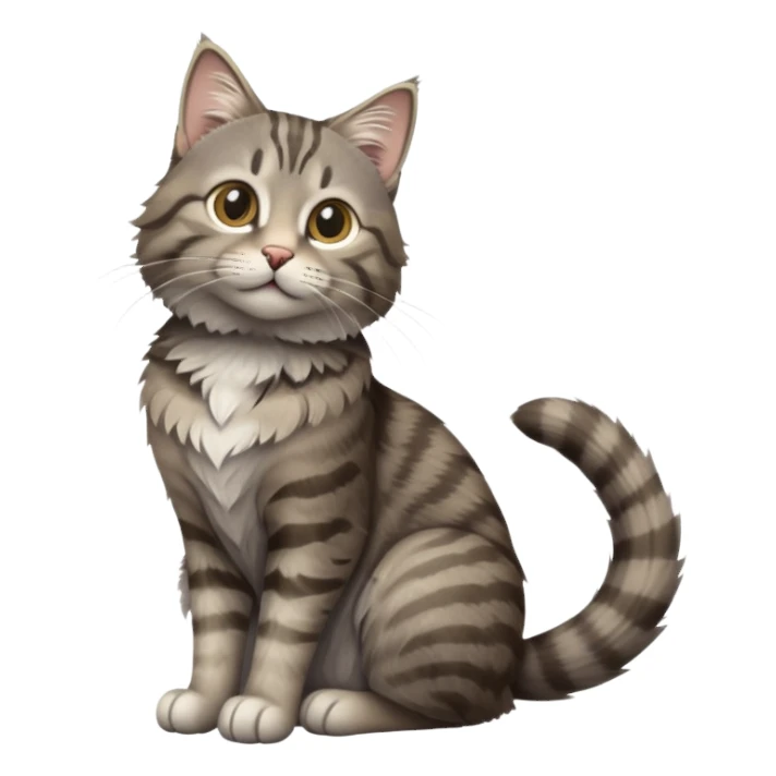 cinematic-[grey brown tabby cat]-realistic-full-body-sitting-emoji,-tail-curled-playfully-around-its-paws,-head-tilted-dramatically,-scruffy-[grey]-fur,-simplified-yet-realistic-focused-features,-highly-detailed,-glowing-with-an-almost-sarcastic-glow sticker