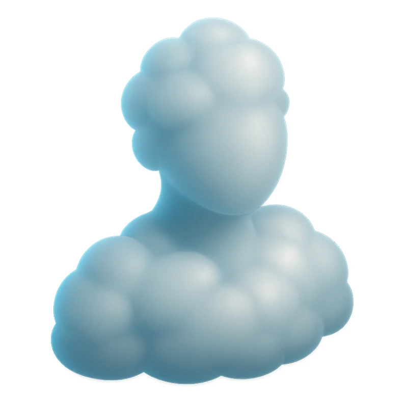 person made entirely of bright, convex clouds, shoulder up, front view, matte glass style sticker