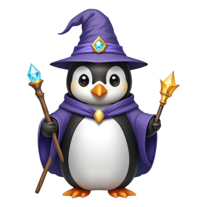 A penguin wearing a wizard hat and robe, holding a magic wand sticker