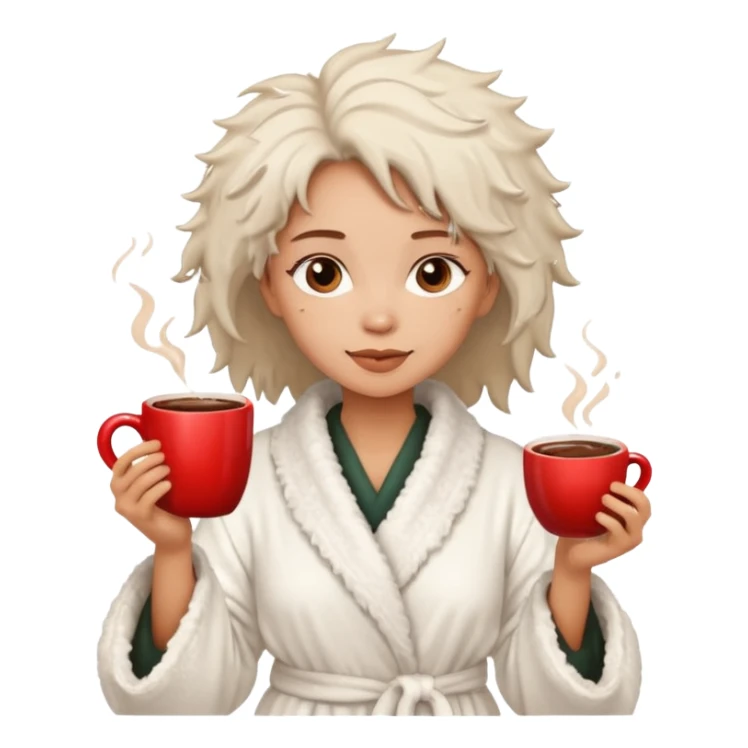{
      "type": "human",
      "look": "fluffy robe woman, messy hair, holding cup of cocoa",
      "description": "a woman in a fluffy robe with messy hair, holding a cup of cocoa"
    } sticker