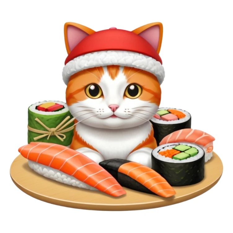 cat wearing a hat made out of sushi sticker