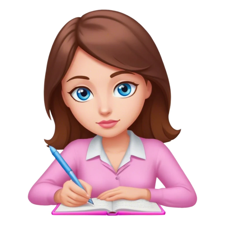 brown-haired, blue-eyed female writer writing a romance novel pink light sticker