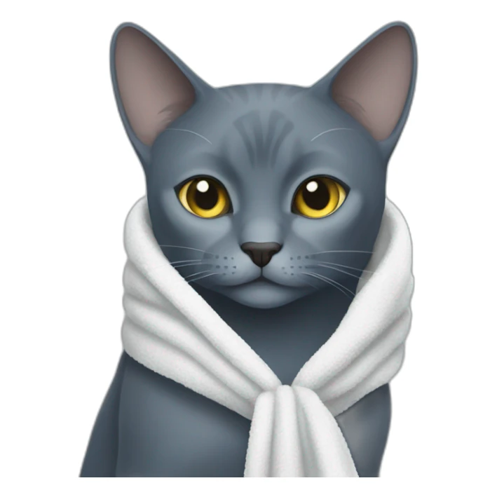 a darker russian blue cat walks hold a towel with his mouth sticker