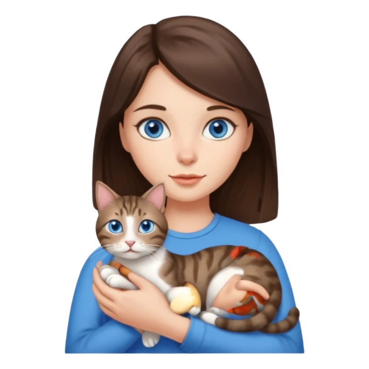 brunette girl with blue eyes holding a tabby cat sticker