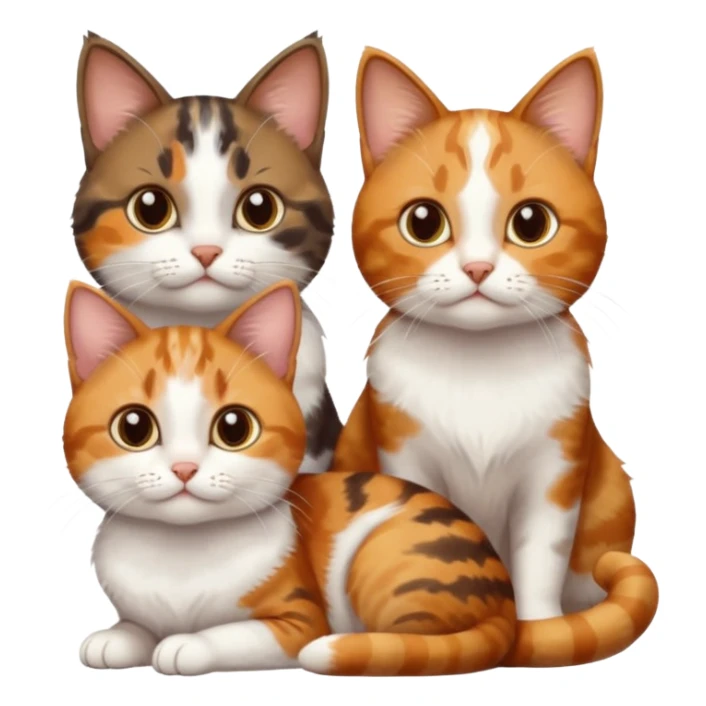 3 different coloured small cats including a dark brown tabby and white, and a patchy calico, and a ginger and white sticker
