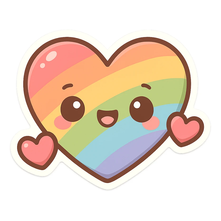 chibi sticker-style rainbow heart with two hearts, cute and exaggerated sticker