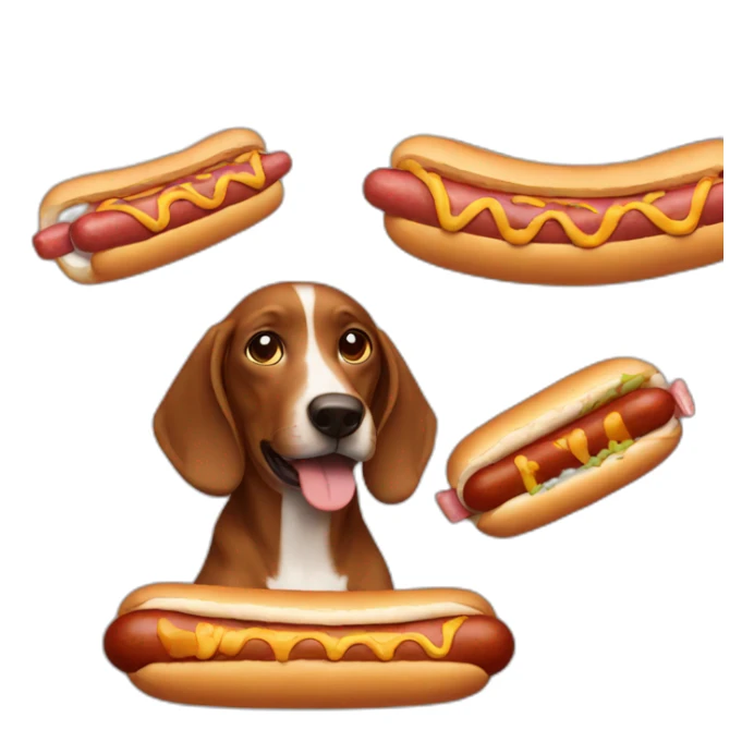 brown dog with white spots eating big hot dog sticker