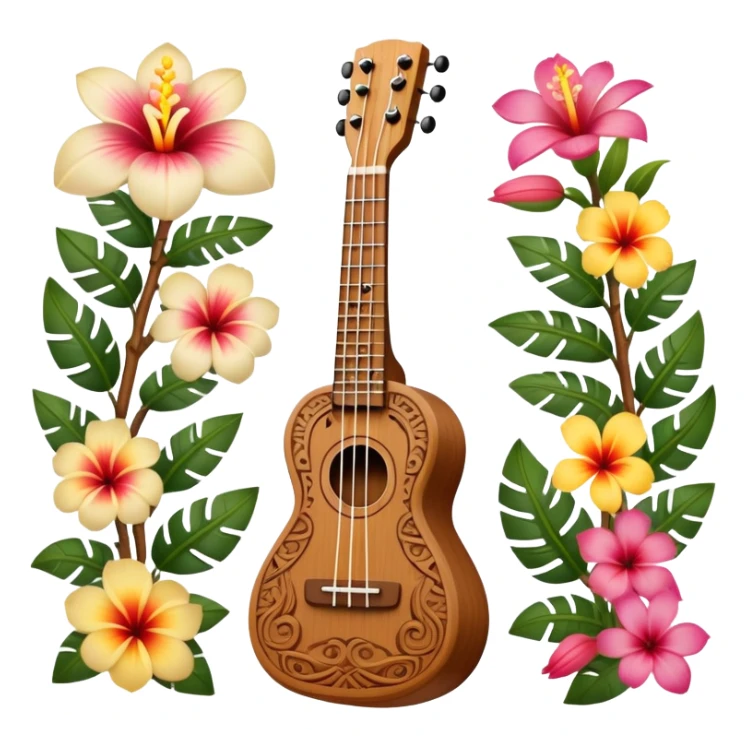 Ukulele with Polynesian carvings with flowers behind it sticker