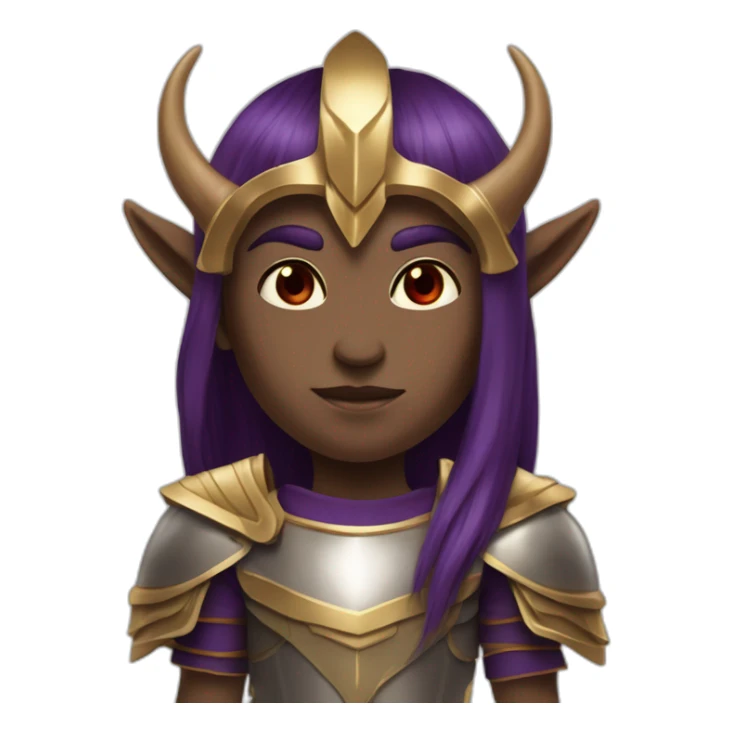 Humanoid with purple skin color, red eyes, pointed ears and Oni horns, has long straight brown hair, and wears royal Roman armor in gold sticker