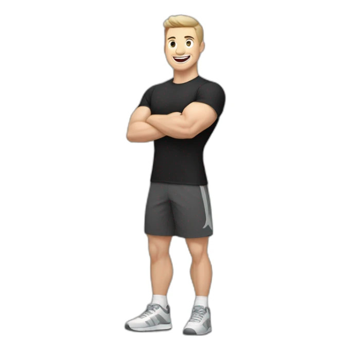 Joyful Celebrating victory Pale skinned Fit Man With the biceps and dark brown hair in black shirt, gray sports shorts and white Sneakers sticker