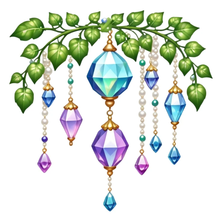 Exotic romantic Few cute tiny Iridescent glistening glossy sparkly shiny glittery hanging crystals pearls and beads and gemstones scenery scenic decorations with ivy and flowers sticker