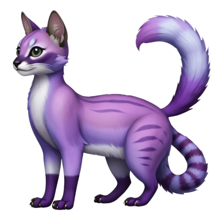Colorful dark tropical pastel-lilac-lavender-violet iridescent pastel white glorious divine exotic cute cool beautiful shiny beautiful fantasy-caracal-civet-genet-sergal-vernid-Cacomistle-oncilla-animal-Fakémon-hybrid-fursona (full body) sticker
