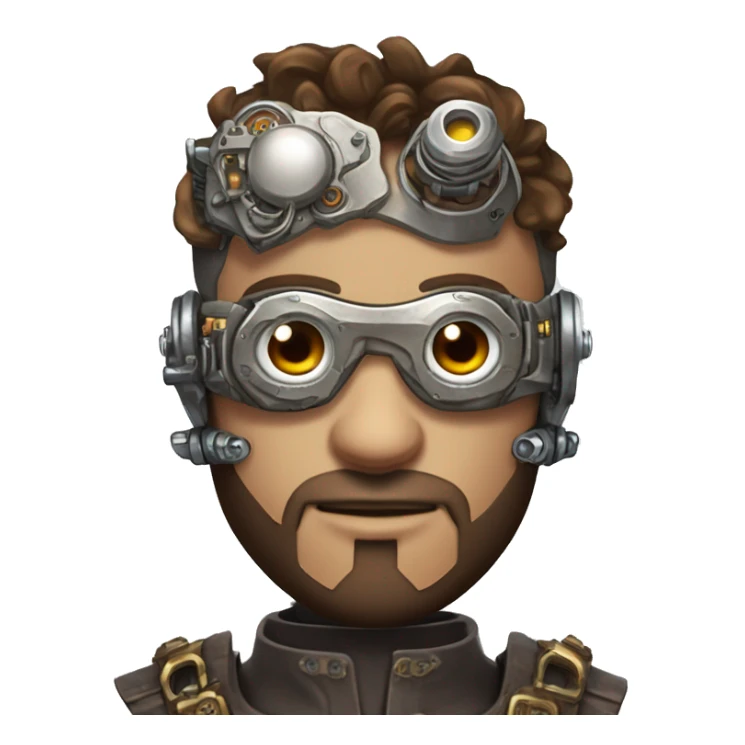 male cyborg head with brown short hair, brown beard, silver steampunk goggles and circuitry sticker
