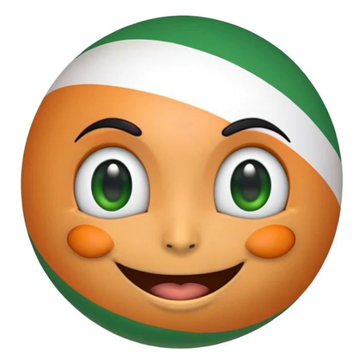 "A 2D-rendered, glossy, spherical emoji with a cheerful smiling face. The sphere is painted with the colors of the Indian flag—saffron on top, white in the middle, and green at the bottom. The emoji has large, shiny green eyes with black pupils, reflecting light for a cute and friendly expression. The background is plain white, making the vibrant colors and glossy texture of the sphere stand out. The overall style is smooth and cartoon-like, with a polished and modern look." sticker