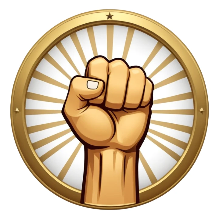 Round emblem symbolizing combat sports, featuring a clenched fist facing forward at the center. The fist is bold and strong, representing power and skill in martial arts. Surrounding the fist are dynamic lines, giving the emblem a sense of motion and energy, emphasizing the intensity of combat. Transparent background. sticker