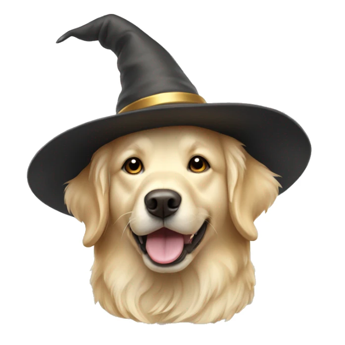 Cream color Golden retriever wearing a wizard hat sticker