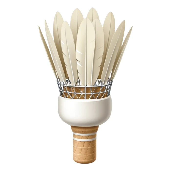 a common badminton shuttlecock with white feathers and cork base sticker