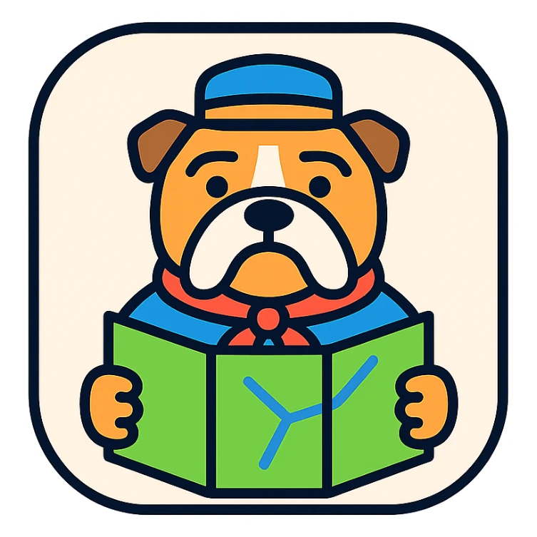 english bulldog tour guide as a web button icon holding a map, color outline style sticker