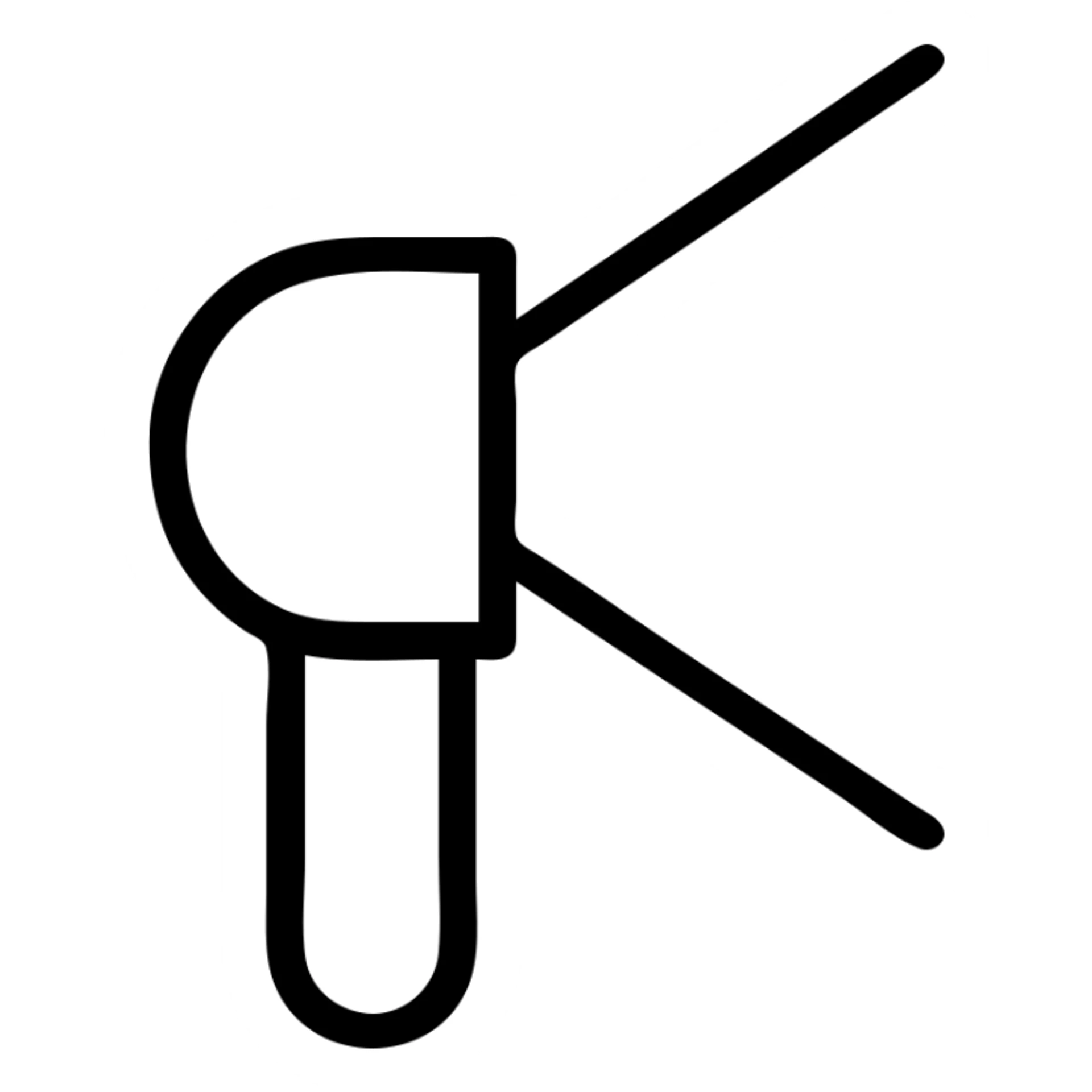 Single-stroke vector icon of a flashlight emitting a light cone: monoline circular lamp head (stroke 2 pt) at upper left meeting a straight 30° outline wedge, open base ellipse, no fill, no handle or internal details, monochrome deep-indigo stroke on white square background, flat icon, no gradients or drop shadows sticker