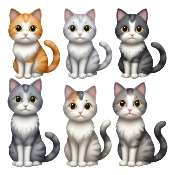 6 realistic looking cats with different natural coloured coats, assorted grey and white, greys, calico colours etc
 sticker