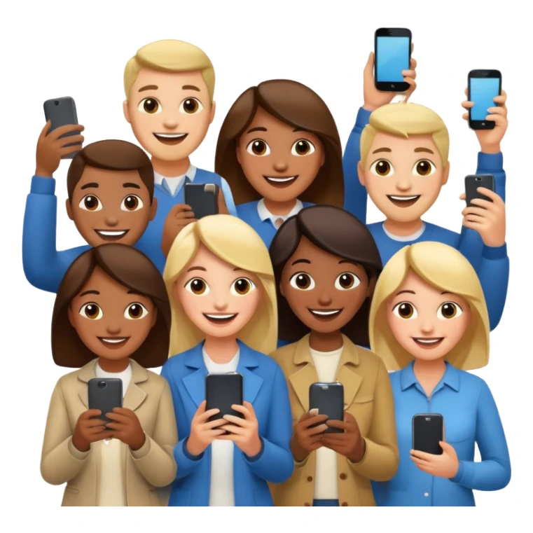 a crowd of people with happy faces and holding phone sticker