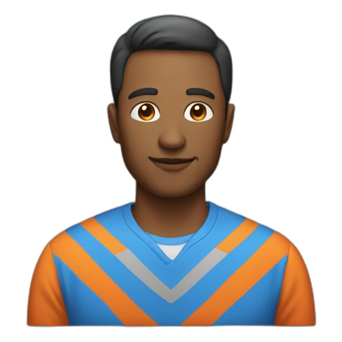 A man with a blue and orange shirt sticker