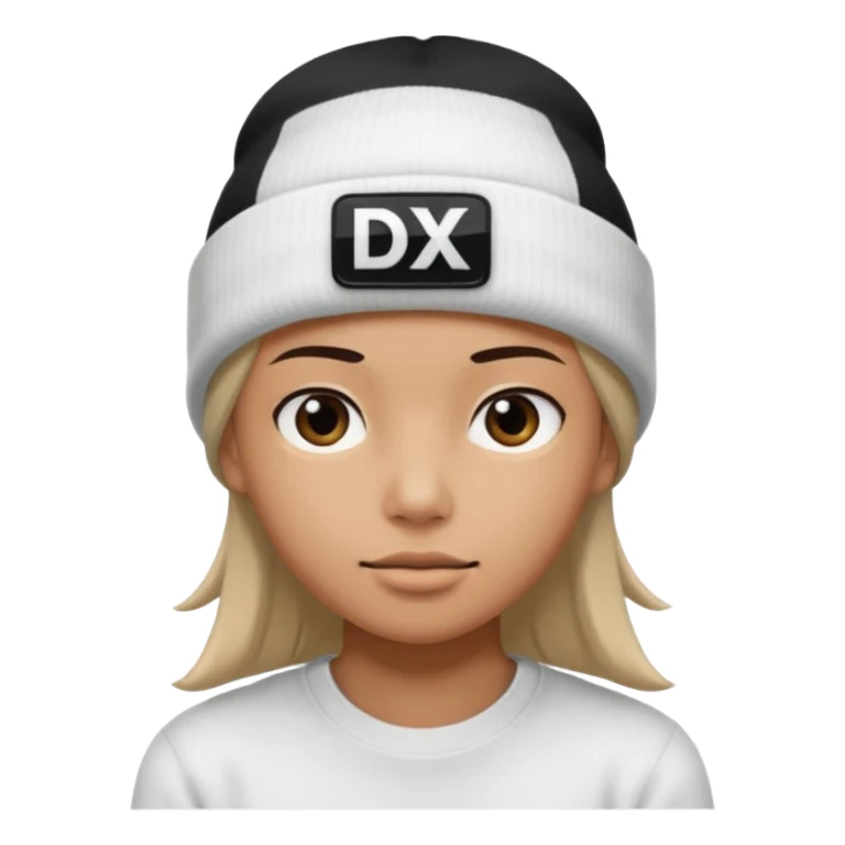 wearing a white beanie with an black square logo with the word "DX" written on it.

 sticker