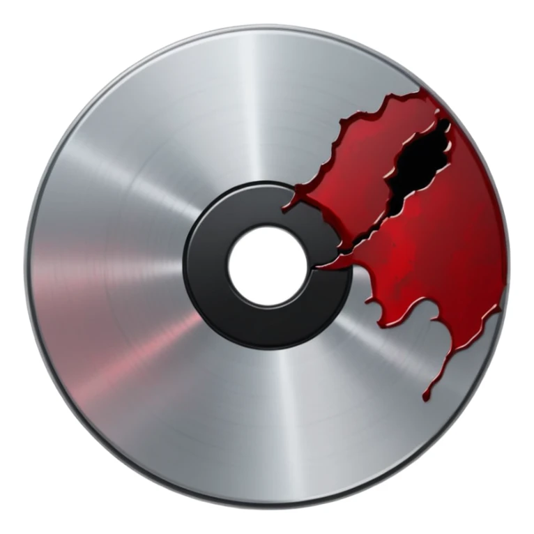 Minimalist emoji-style sticker of a single CD with a sharp crack and a dried blood spot. View from above, black, gray, and muted red.
 sticker