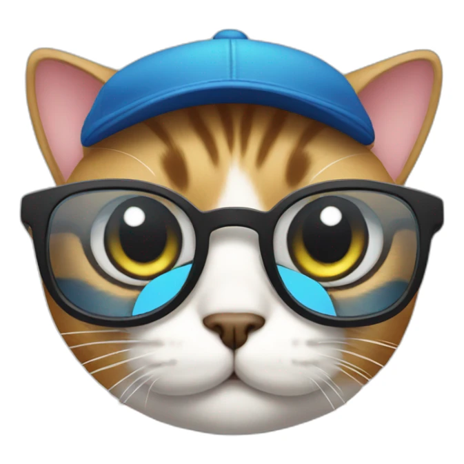 a cat with big eyes wearing glasses and a cap sticker