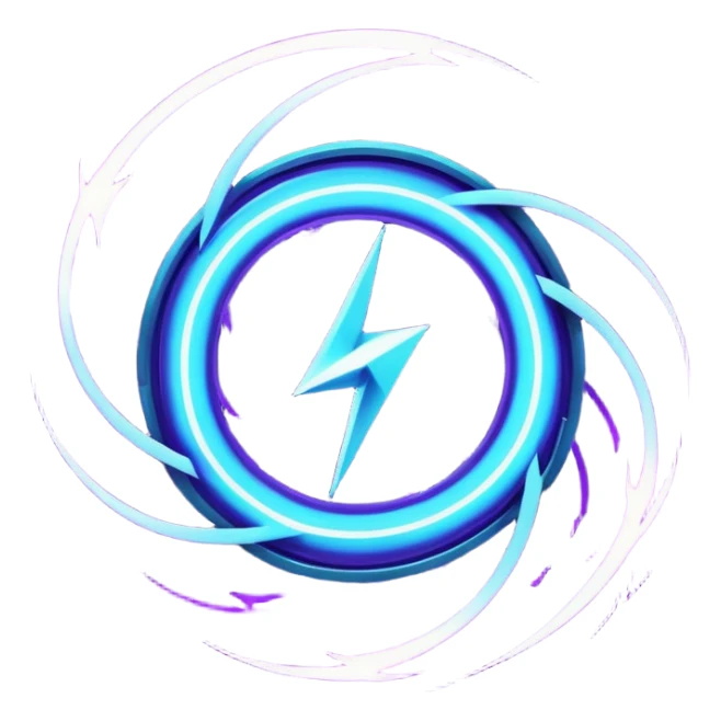 futuristic minimalistic logo icon, abstract glowing storm swirl made of neon purple (#8B5CF6) and cyan (#00E0FF) lines, representing Storm team energy and speed, digital lightning core, dark background, no face, tech-style emblem, 1:1 aspect ratio sticker
