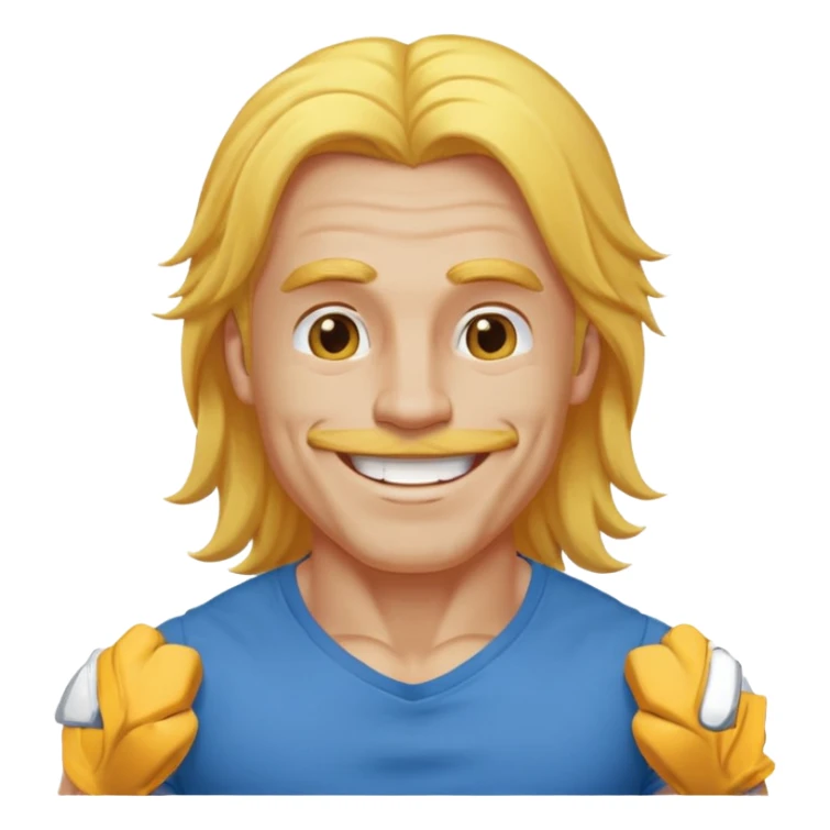 muscled happy guy, long yellow hair, blue t-shirt sticker