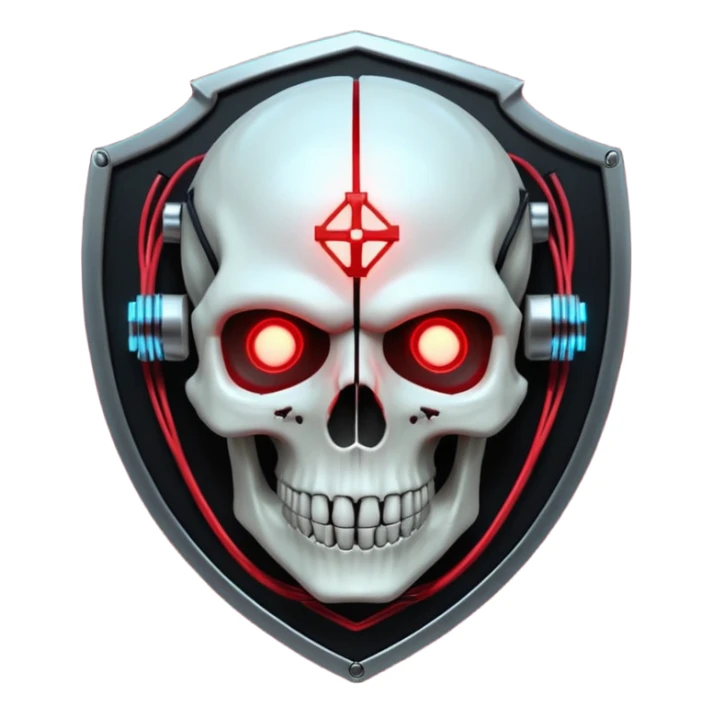 Cyberpunk shield, skull with cybernetic implants, glowing wires, dark electric red and black tones, no background sticker