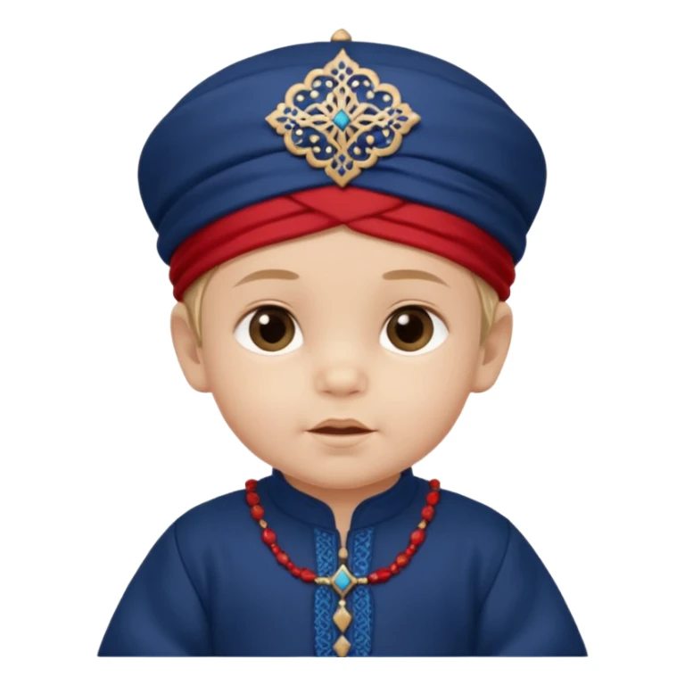  Caucasian baby boy dressed in a dark blue ghalibiya with delicate decorations with a Red Moracain hat  sticker