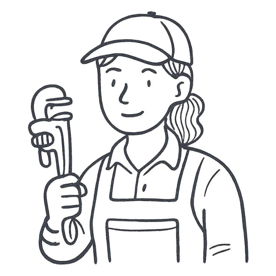 female plumber, woman in work clothes holding a pipe wrench, simple lines, hand drawn outline style sticker