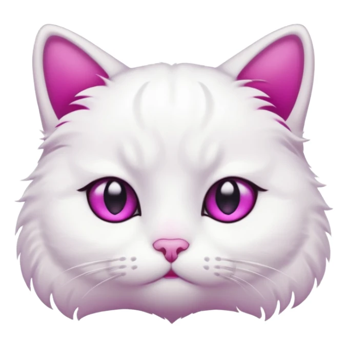White cat, sad face, tear drop below one eye, magenta eyes, black background, cute cartoon style sticker