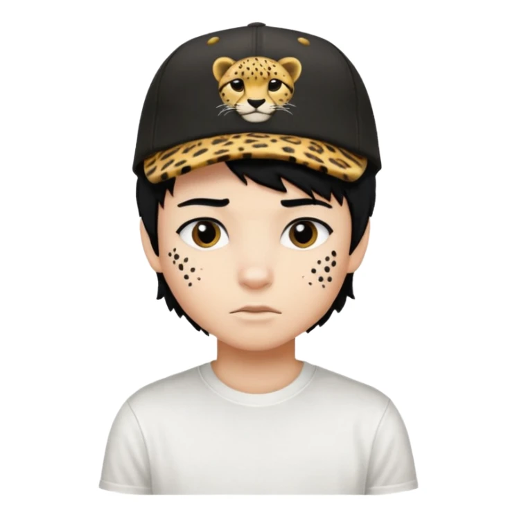 Boy with black hair and a cap that has the phrase #jimmy written on it with cheetah print texture, and white shirt emoji emo sticker
