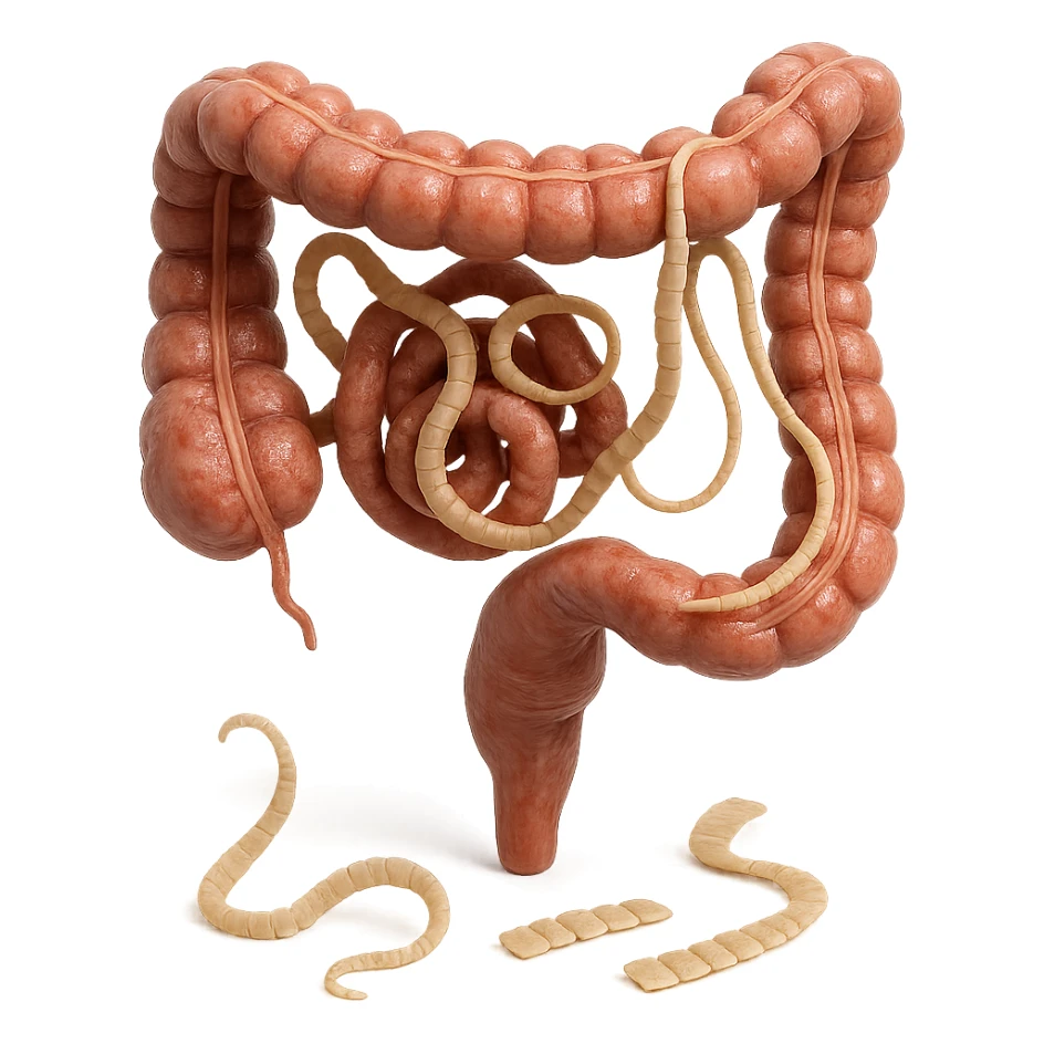 hyperrealistic detailed 3D view of human intestine with tapeworm parasites, some tapeworm segments in foreground, realistic colors, 4K, isolated on white background sticker
