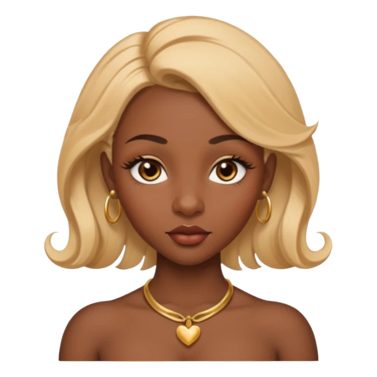 darkskin female with eyebrows that are naturally shaped and frame eyes well, eyes that are almond-shaped with defined lashes. nd lips are full with a defined cupid’s bow, add also a septum piercing that adds an edgy, stylish flair. a middle-part, honey blonde bust-down with laid baby hairs sticker