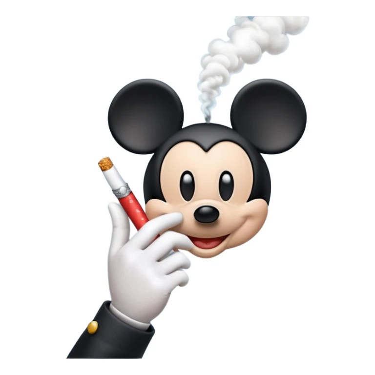 Mickey Mouse style white glove hand holding a cigarette with visible smoke, Apple emoji style sticker