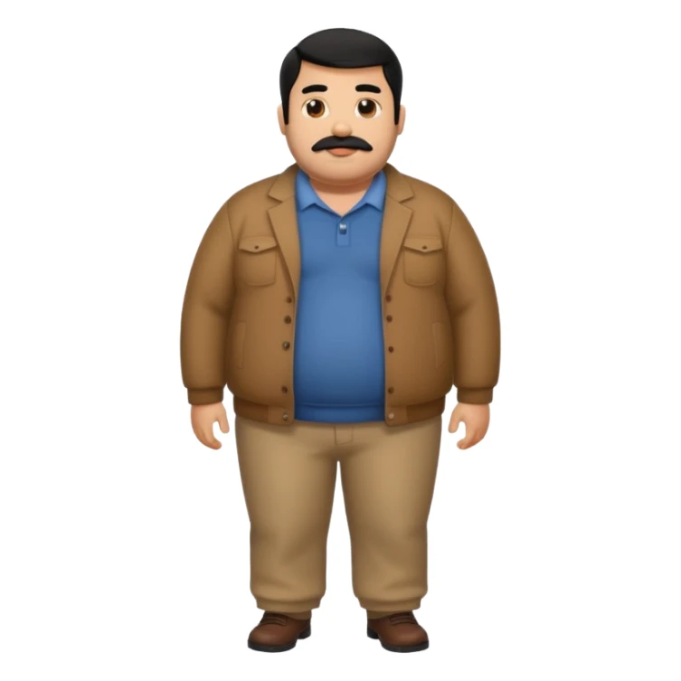 Fat brown man. Clothed. Full body. Black hair. Small beard and mustache. Black hair sticker