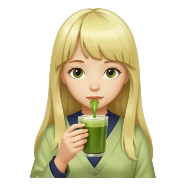 a girl have long blonde hair with bangs drinking matcha sticker