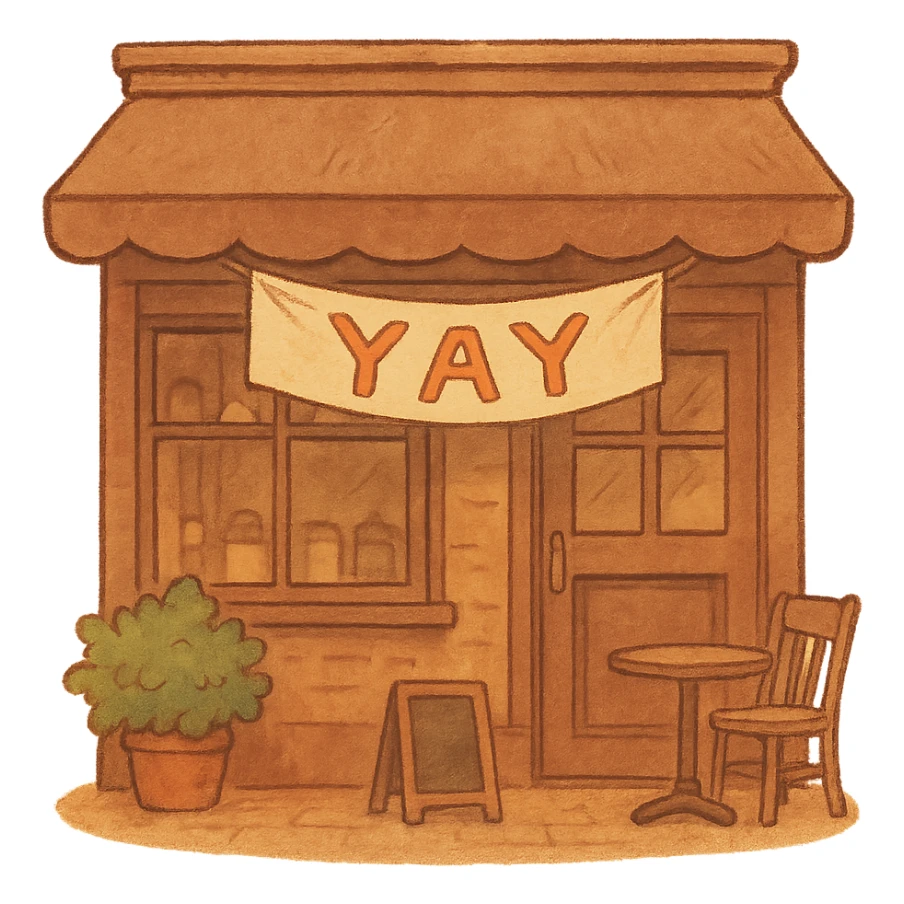 cozy brown café storefront with a soft “YAY” banner, warm hand-drawn tones sticker