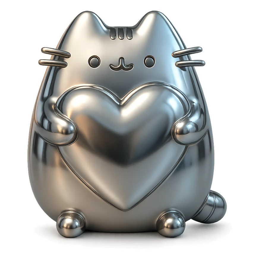 Pusheen hugging a big heart, pastel colors, adorable, chrome style sticker