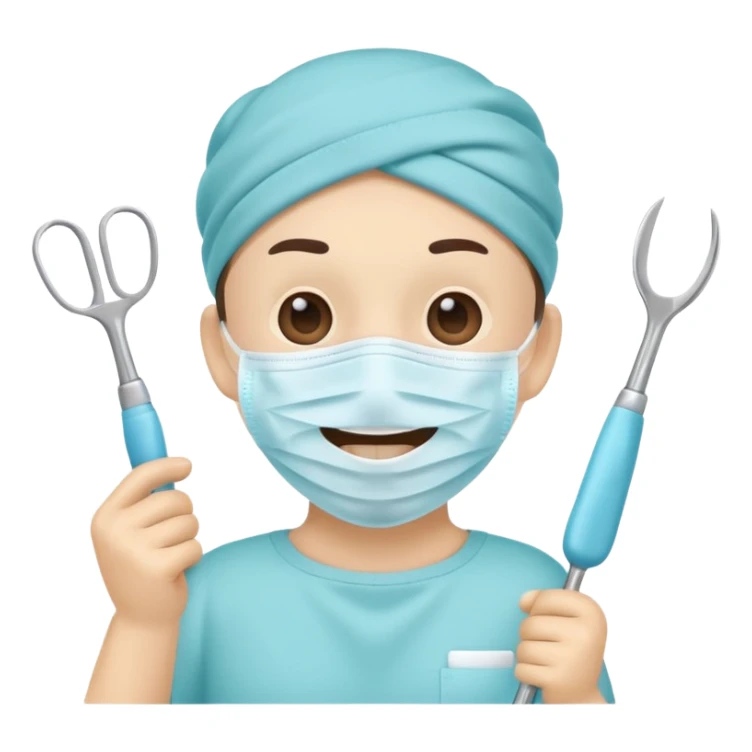 Cute tooth character wearing a face mask, holding dental tools, friendly and clean emoji style, flat illustration, simple design, white background. sticker