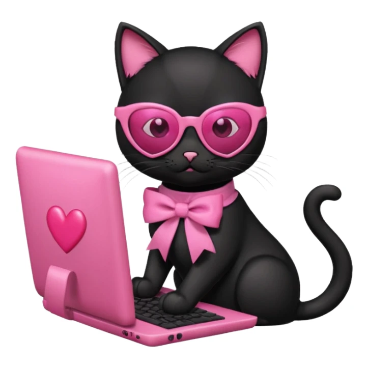 Black cat with pink ribbon and sunglasses doing pink computer with pink heart sticker