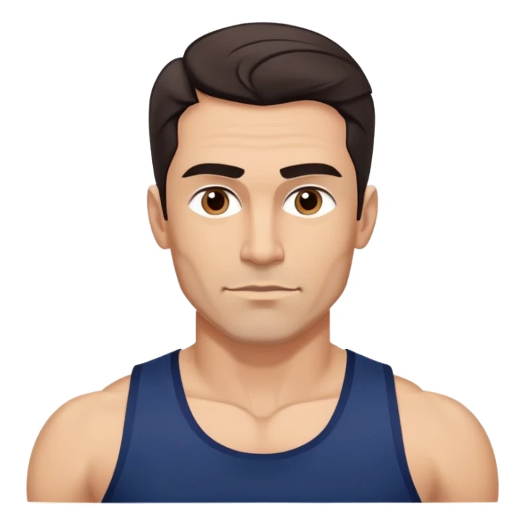 Athletic 40-year-old man with light brown skin, elongated face, strong jawline. Confident expression with medium dark eyes, arched eyebrows. Wavy dark hair in modern cut. Wearing a navy blue tank top showing fit physique. sticker