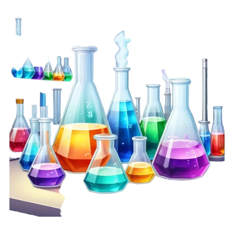 A set of colorful growing crystals in various stages of development, surrounded by beakers and jars with chemical solutions. Light shining on the crystals creates a dazzling glow. Background of a clean, well-lit workspace with scientific tools and equipment. Transparent background. sticker