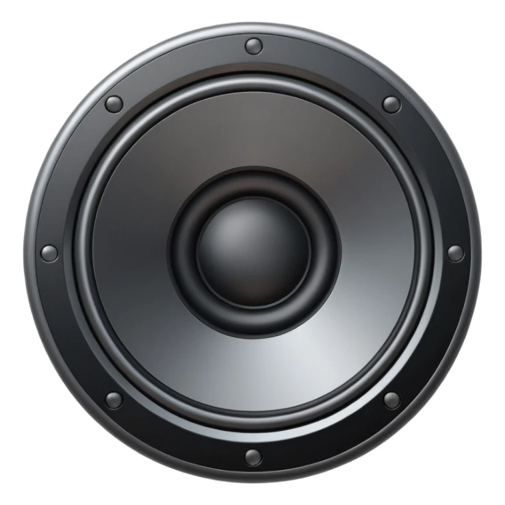 Minimal emoji icon of a modern metallic speaker, front view, detailed geometry, dark metallic body, subtle highlights, isolated sticker