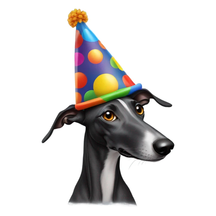Black greyhound wearing a clown hat sticker
