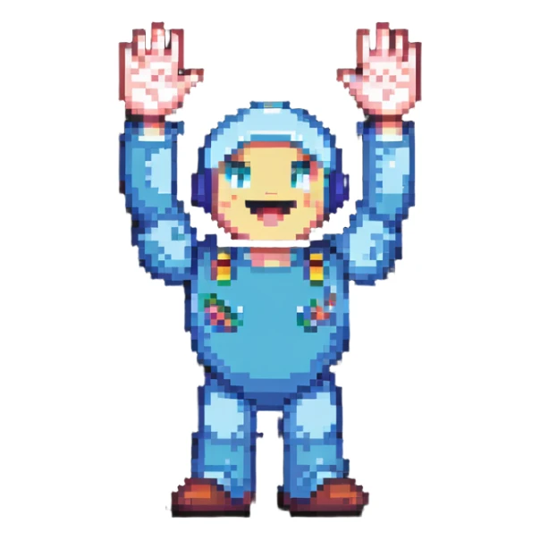 Retro video game character celebrating with arms raised sticker